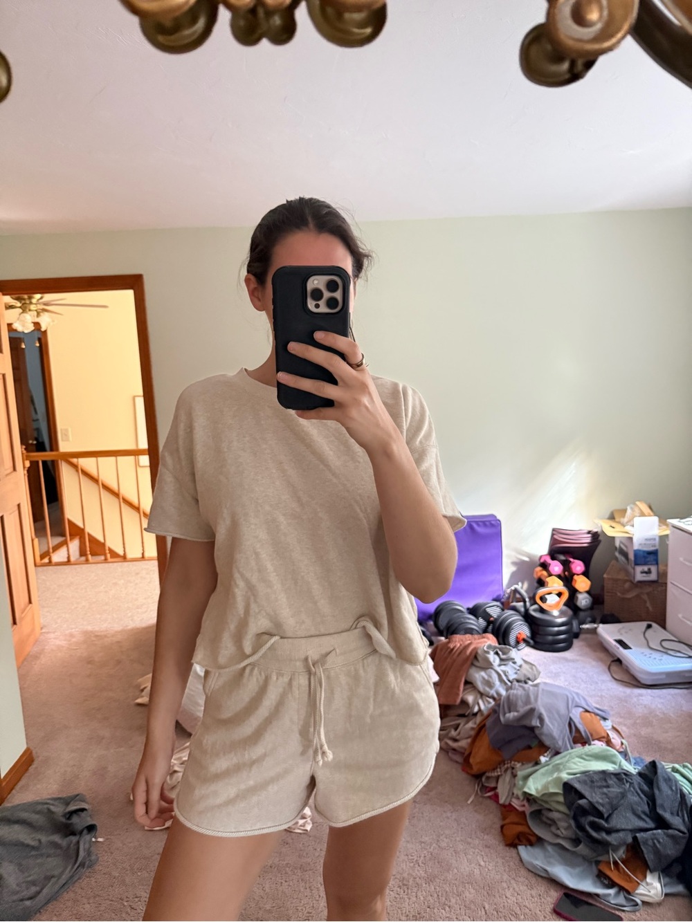 Relaxed Cream Short Sleeve Tee and Drawstring Shorts Set